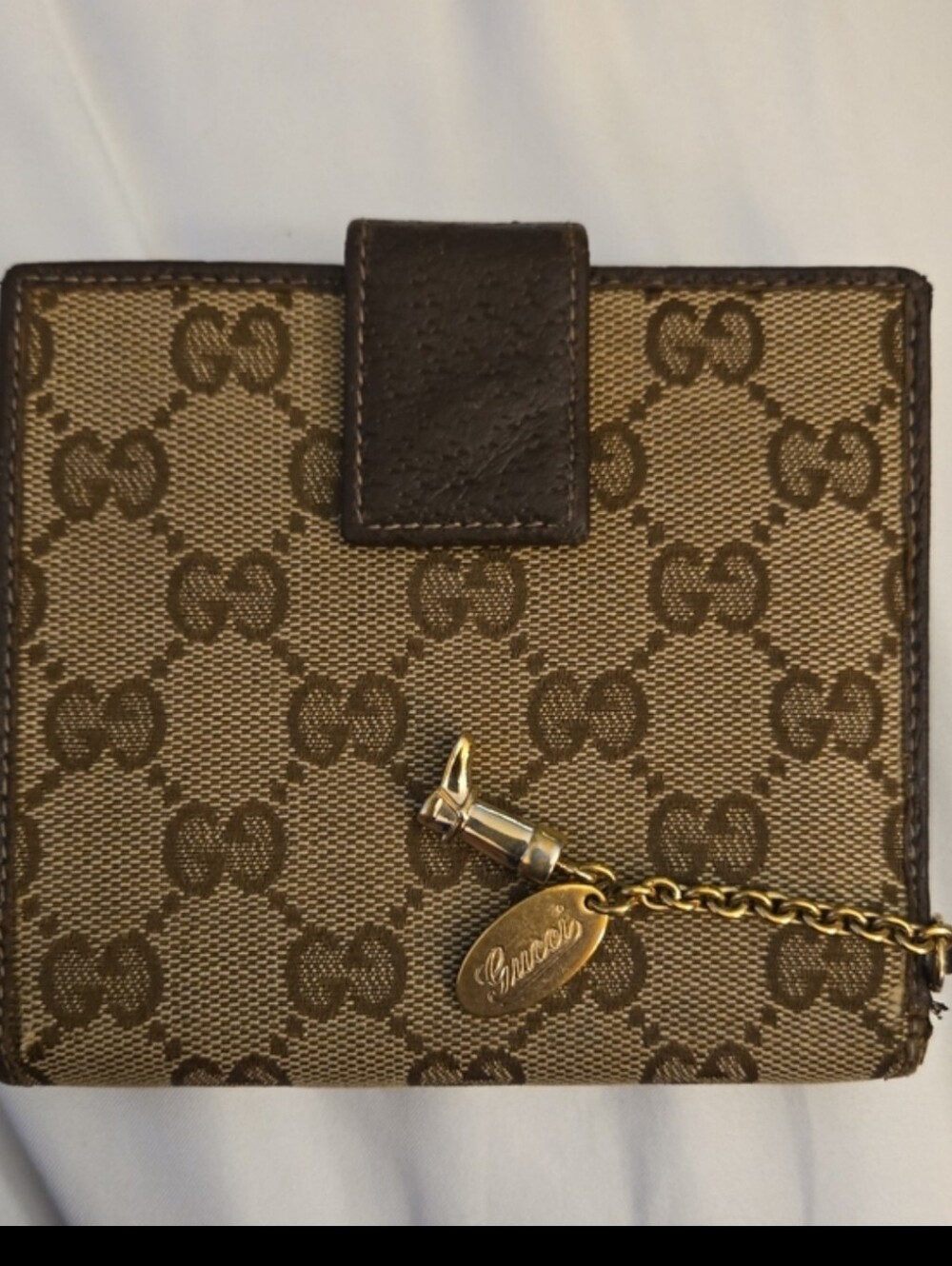 Gucci Beige and Brown GG Canvas Bi-Fold Wallet with Boot Charm